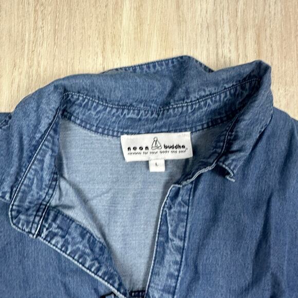 Neon Buddha Button Down Long Sleeve Chambray Denim Classic Casual Shirt Large - Picture 14 of 16